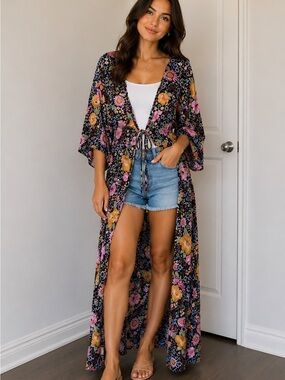 Black Floral Maxi Swim Cover-Up Kimono with Pink & Yellow Blooms
